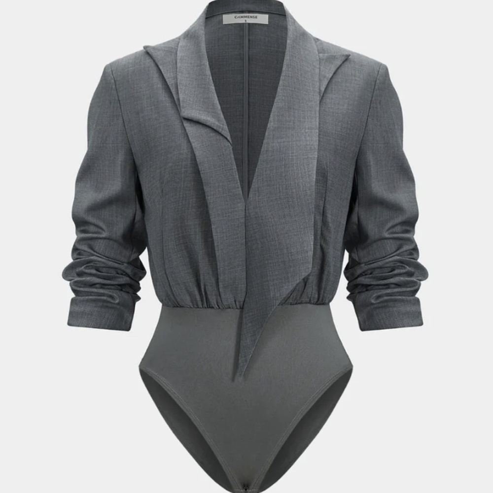 Commense Blazer Top Draped V-Neck Bodysuit Gray XS NWT